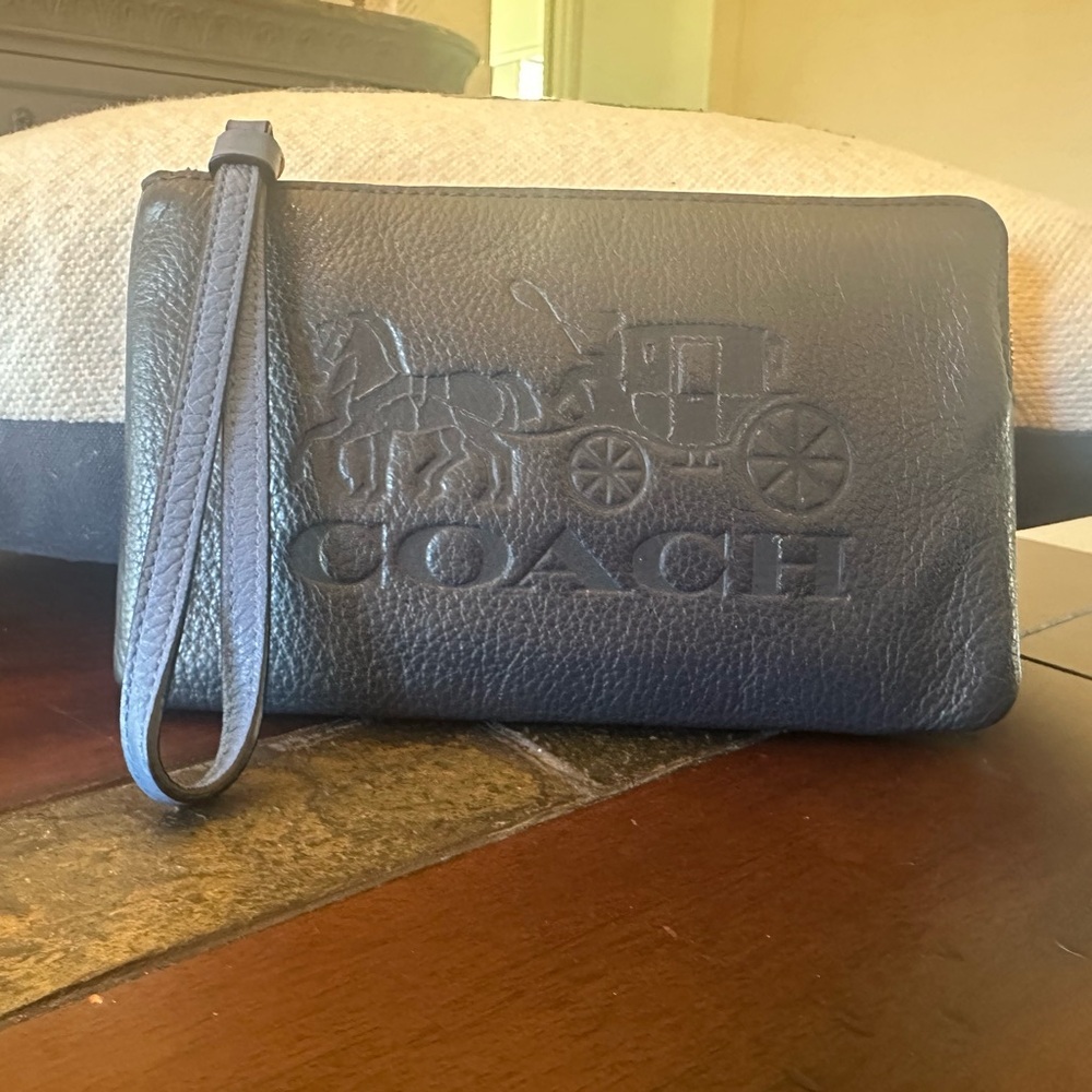 Coach Midnight Blue with Sky Blue Pebbled Leather Large Corner Zip Wristlet EXC